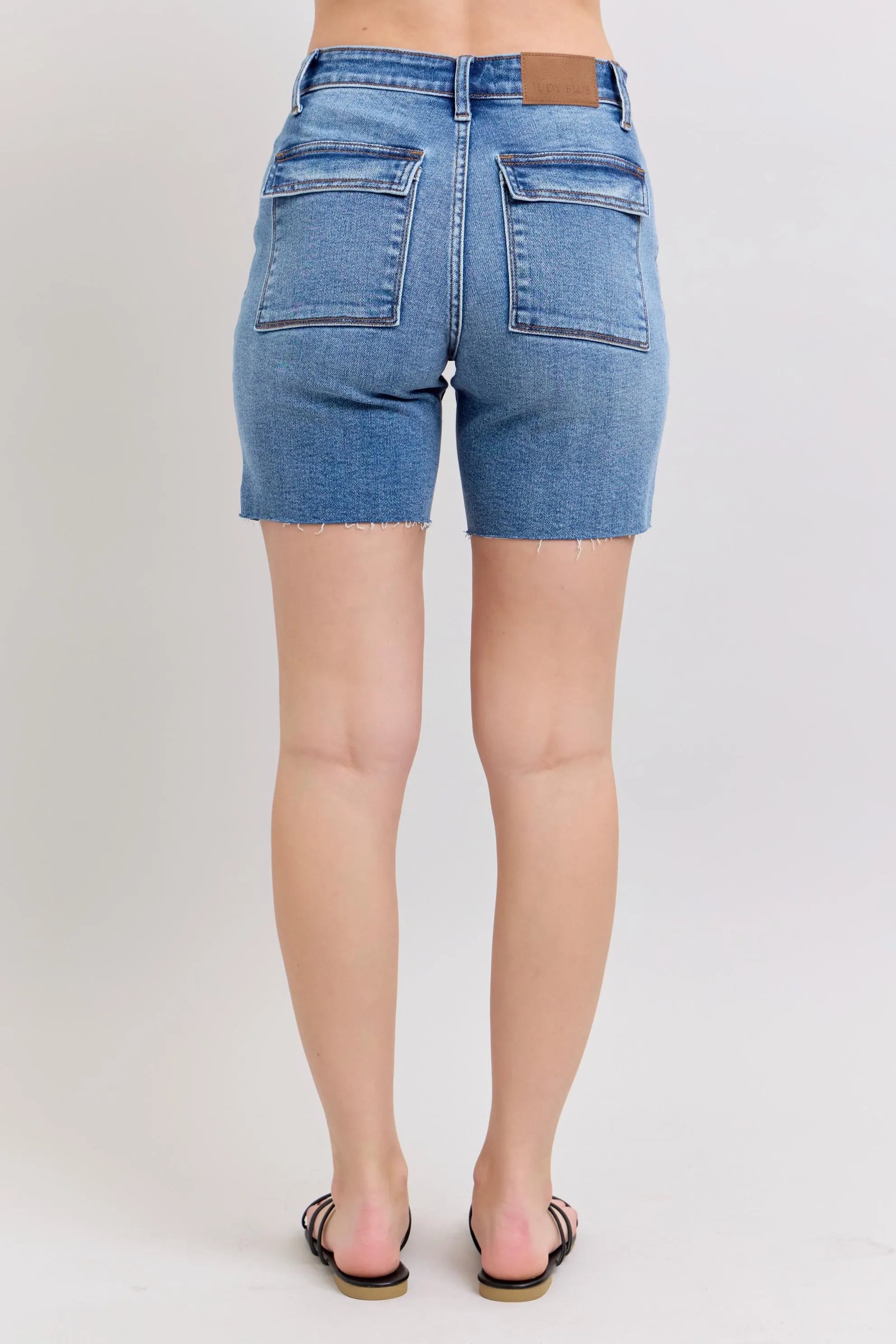 Full Size Mid Rise Bermudas Denim Shorts W/ Back Flap Pockets Plus Size