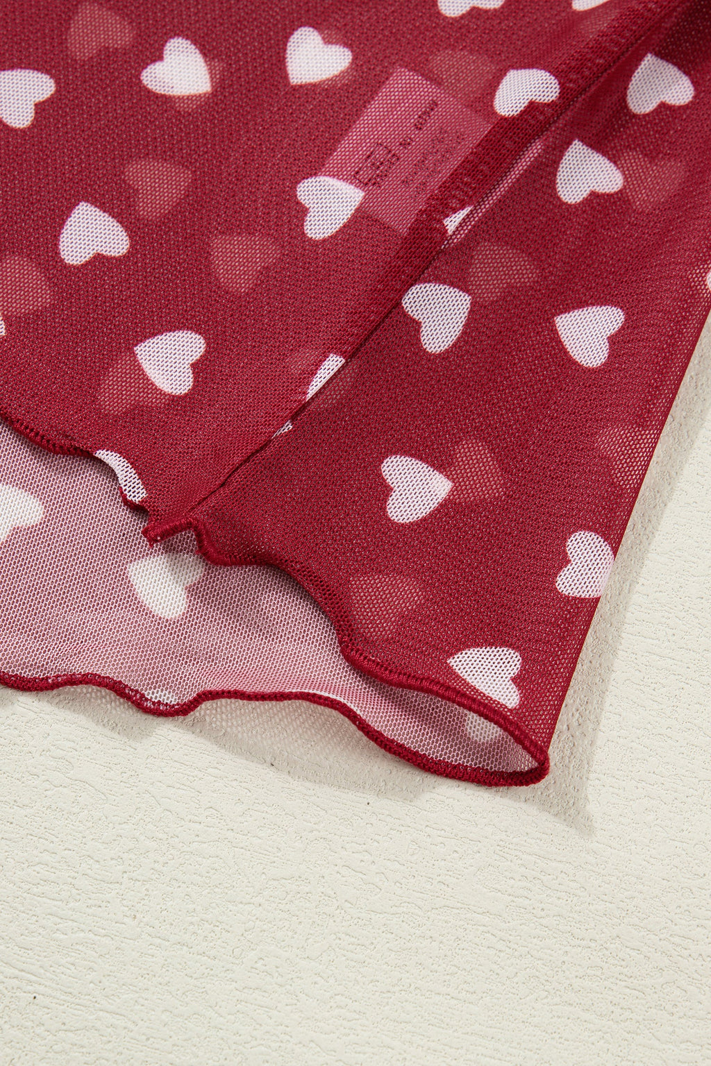 Racing Red Allover Heart Print Mesh Short Sleeve Top