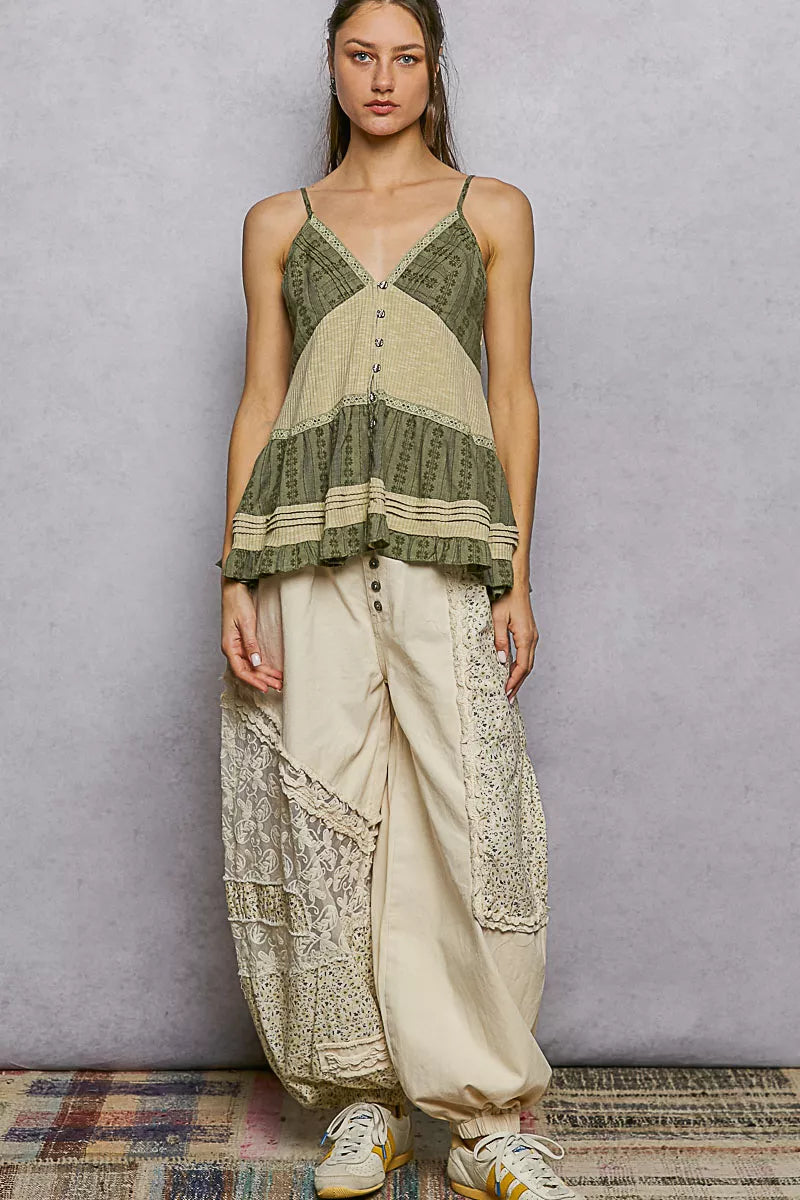 Button Front V-Neck Ruffled Cami with Pintuck Accents