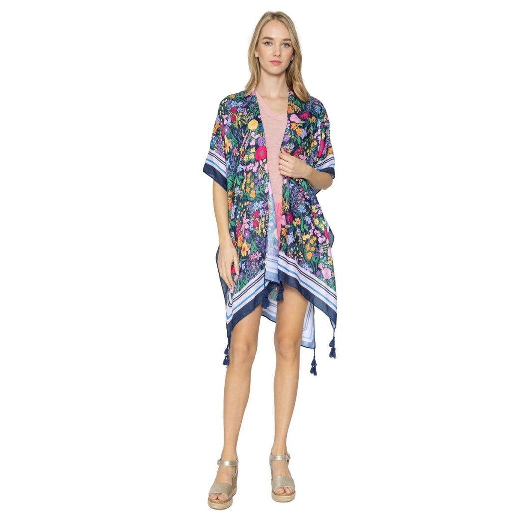 Women’s Black Border Floral Kimono with Tassel – Stylish Casual Layered Cover-Up