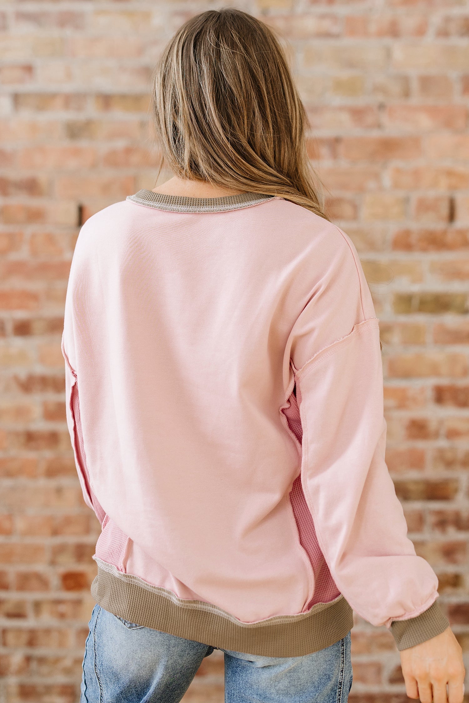 Light Pink Color Block Mix Texture Waffle Patchwork Oversize Sweatshirt