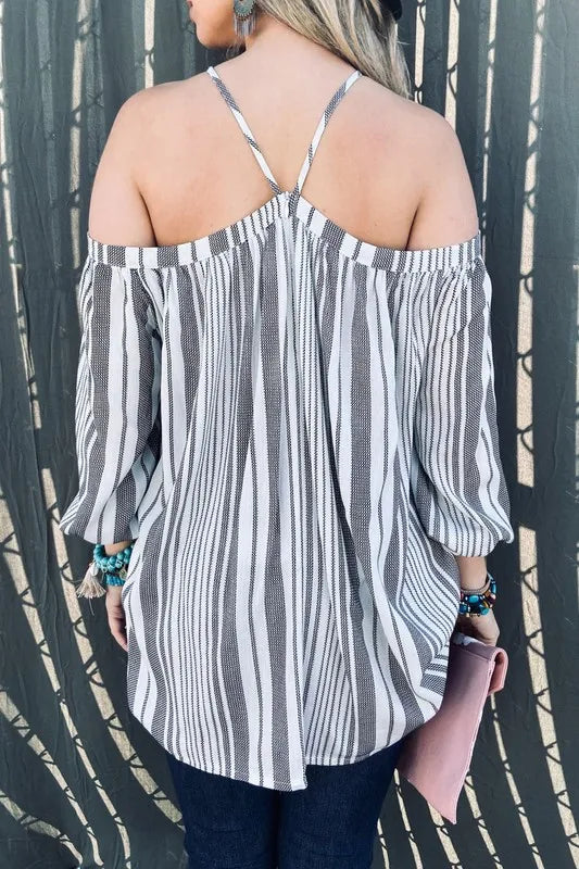 Stripe Printed Cold Shoulder Halter Neck Top