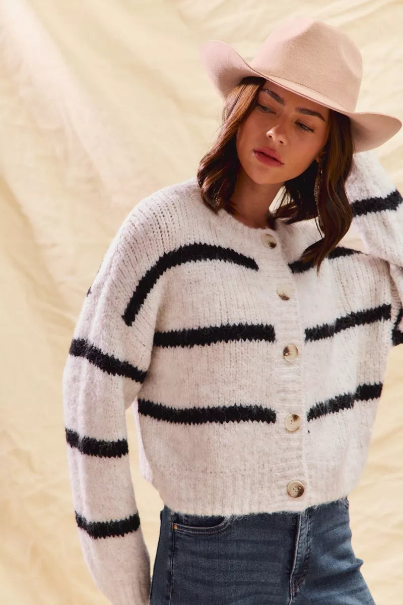 Stripe Soft Touch Button Cozy Sweater Cardigan