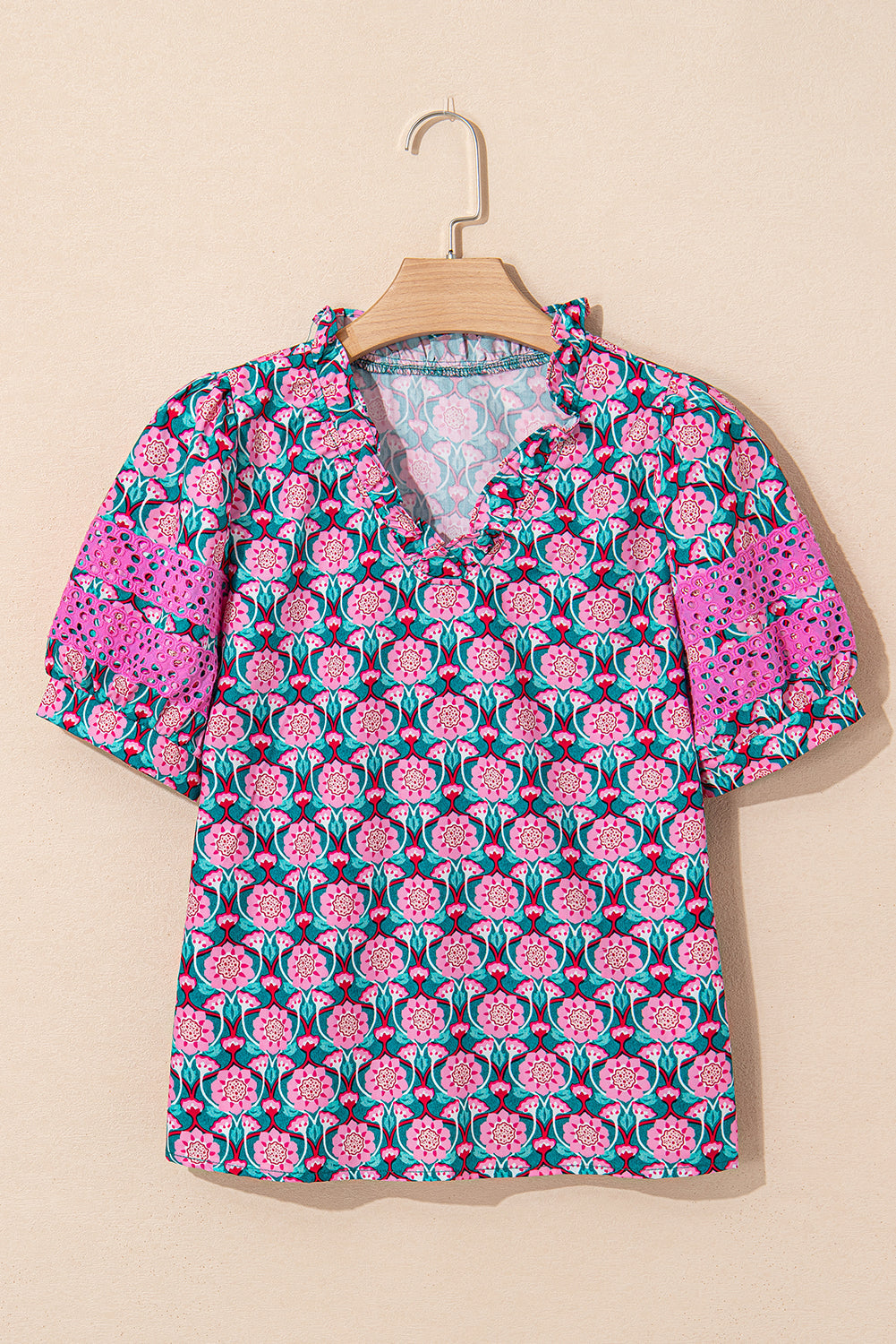 Sachet Pink V-Neck Ruffle Abstract Floral Print Puff Sleeve Top
