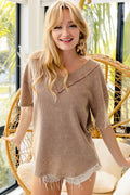 Mineral Washed V-Neck Cut Edge Detail Top