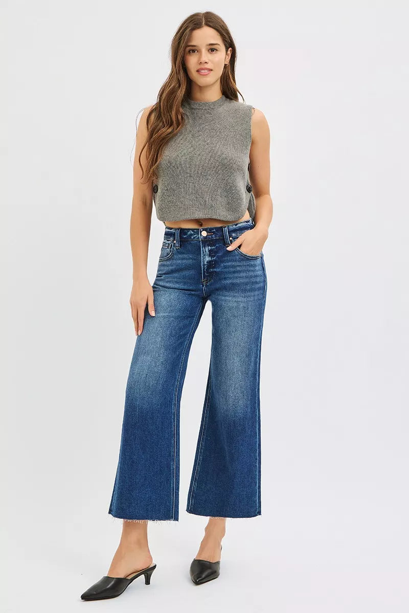 Full Size Mid Rise Crop Wide Raw Cut Hem Jeans Plus Size