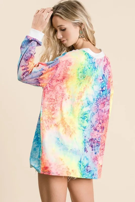 Tie Dye Deep V-neck Top With Lace Up Front