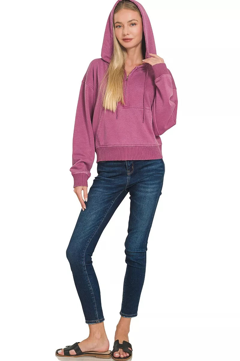 Fleece Pigment Dye Half Zip Kangaroo Pocket Hoodie