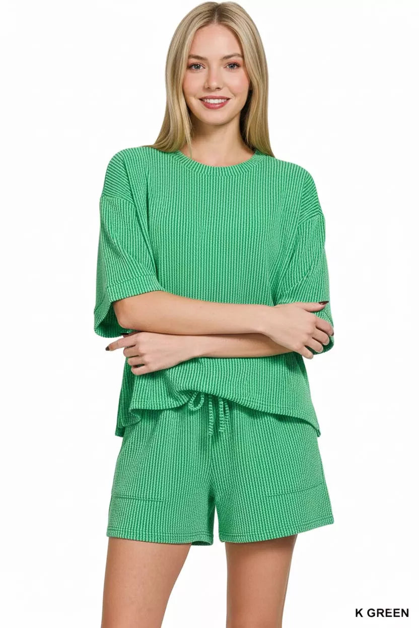 Raised Rib Short Sleeve Tee and Drawstring Shorts Set