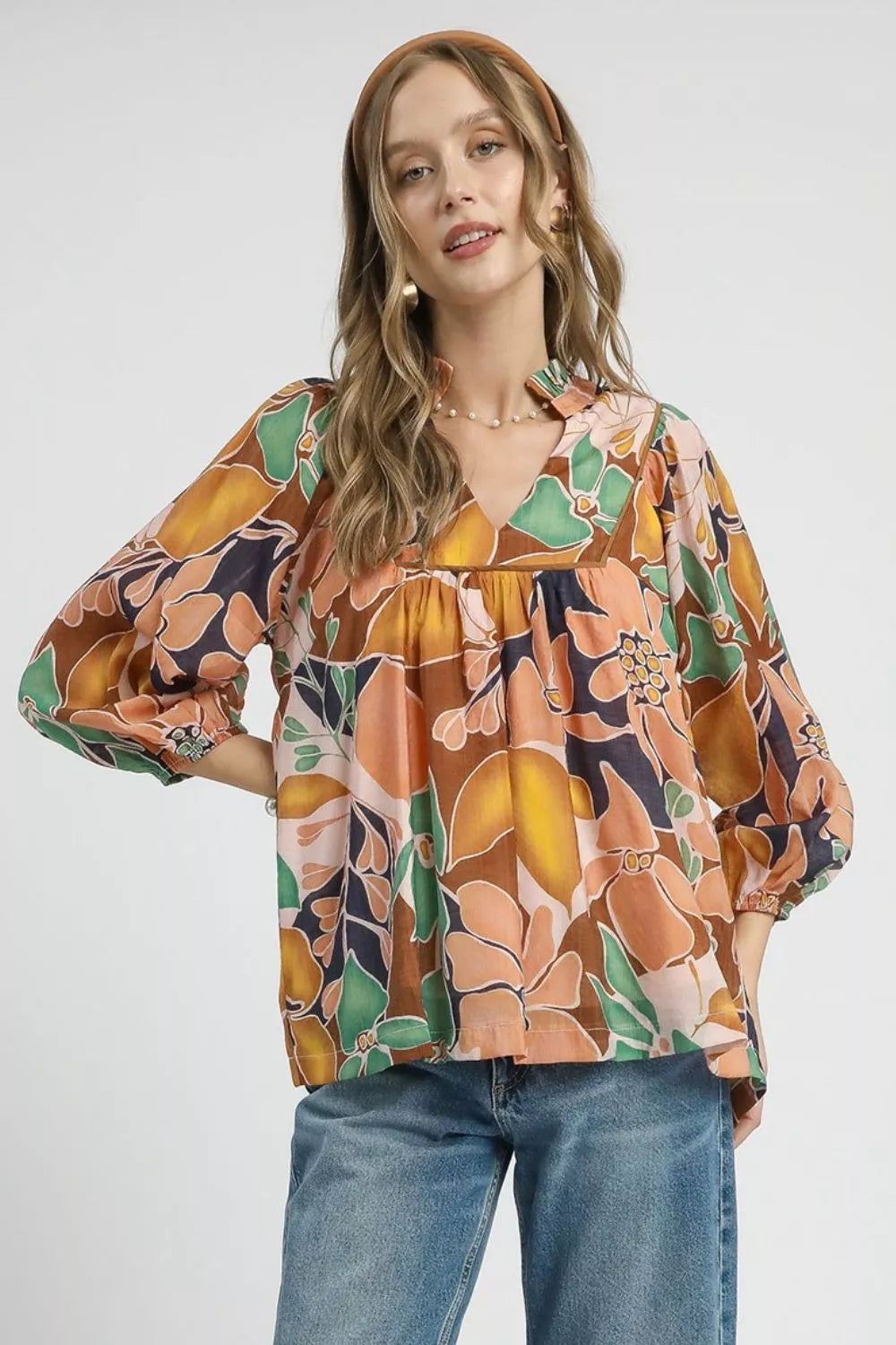 Multicolor Abstract Floral Print Blouse with Ruffle Neck