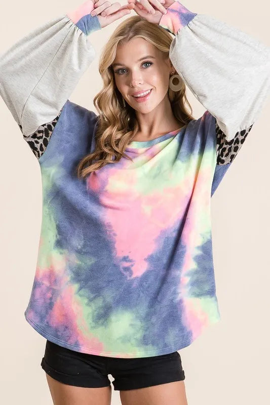 Tie Dye Terry Top with Contrast Puff Sleeves
