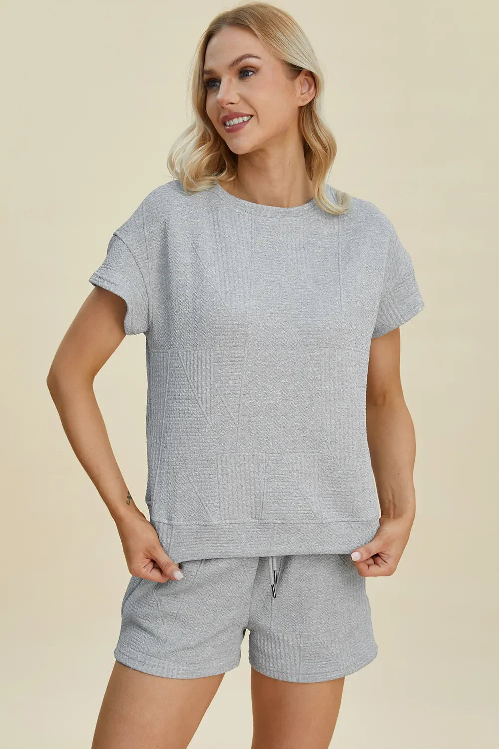 I am a Fashion Junky Full Size Texture Short Sleeve Top and Shorts Set