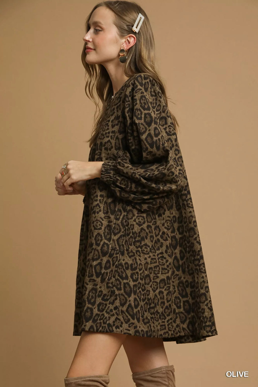 Leopard Print Long Sleeve Swing Dress