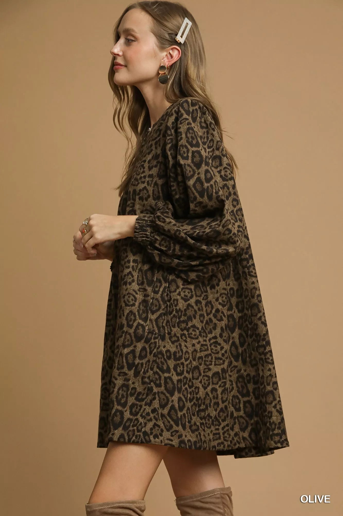Leopard Print Long Sleeve Swing Dress
