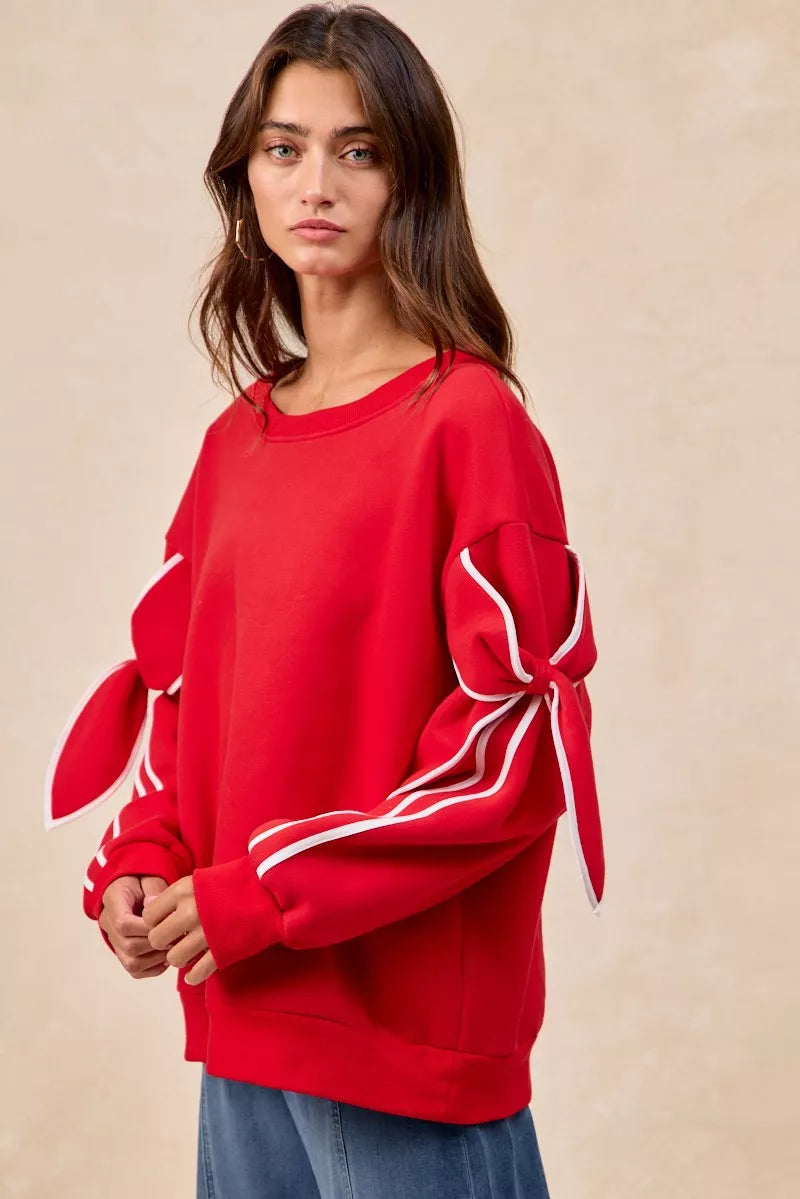 Bow Detail Sleeves Fleece Sweatshirt