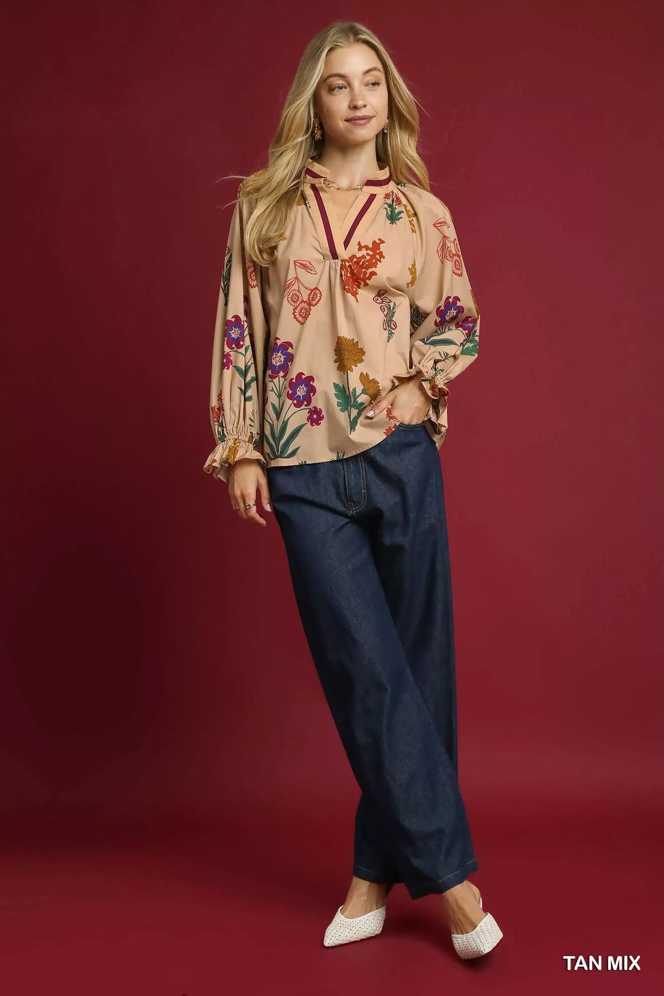 Floral Print Flounce Sleeve Blouse