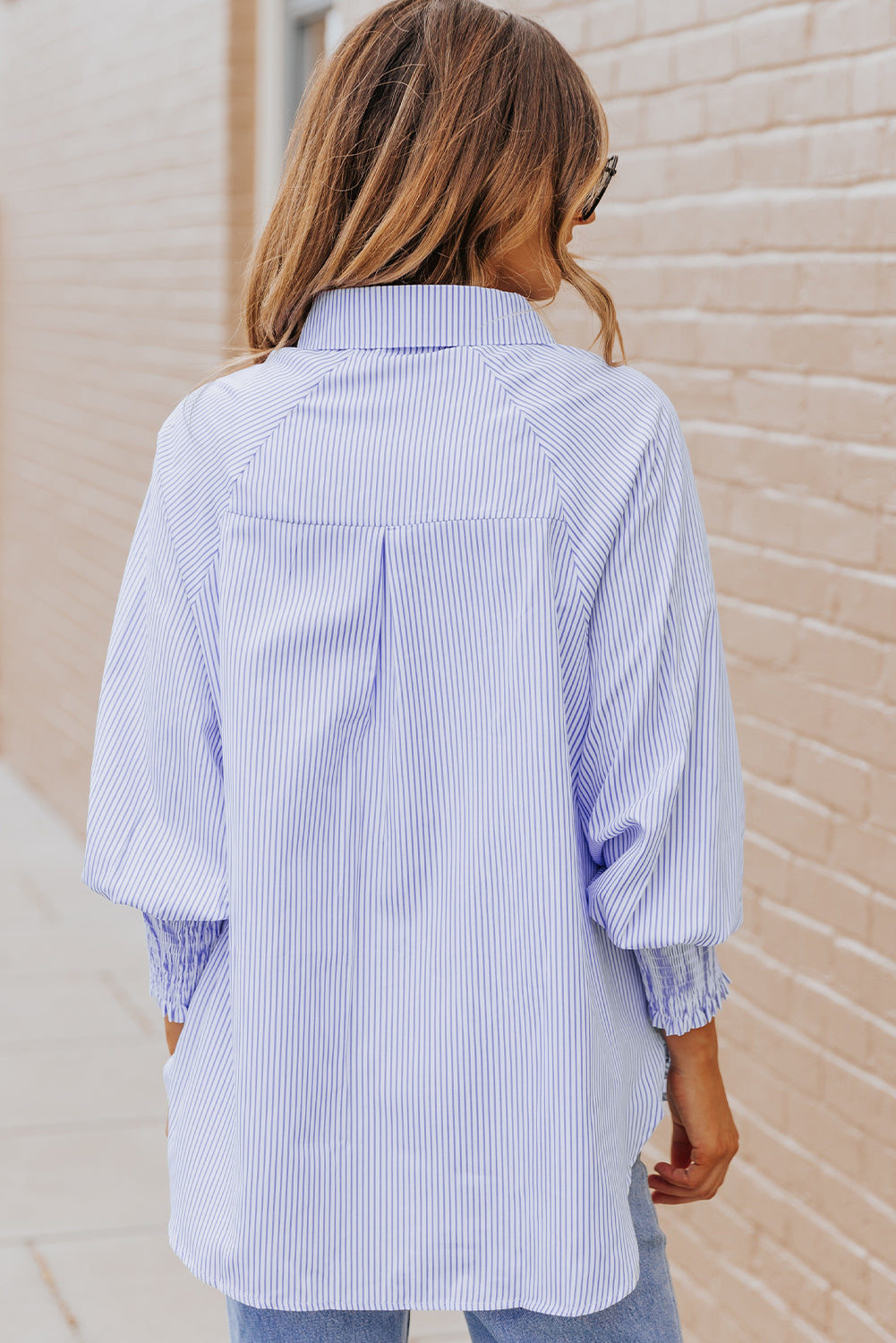 Black Striped Casual Shirred Cuffs Shirt