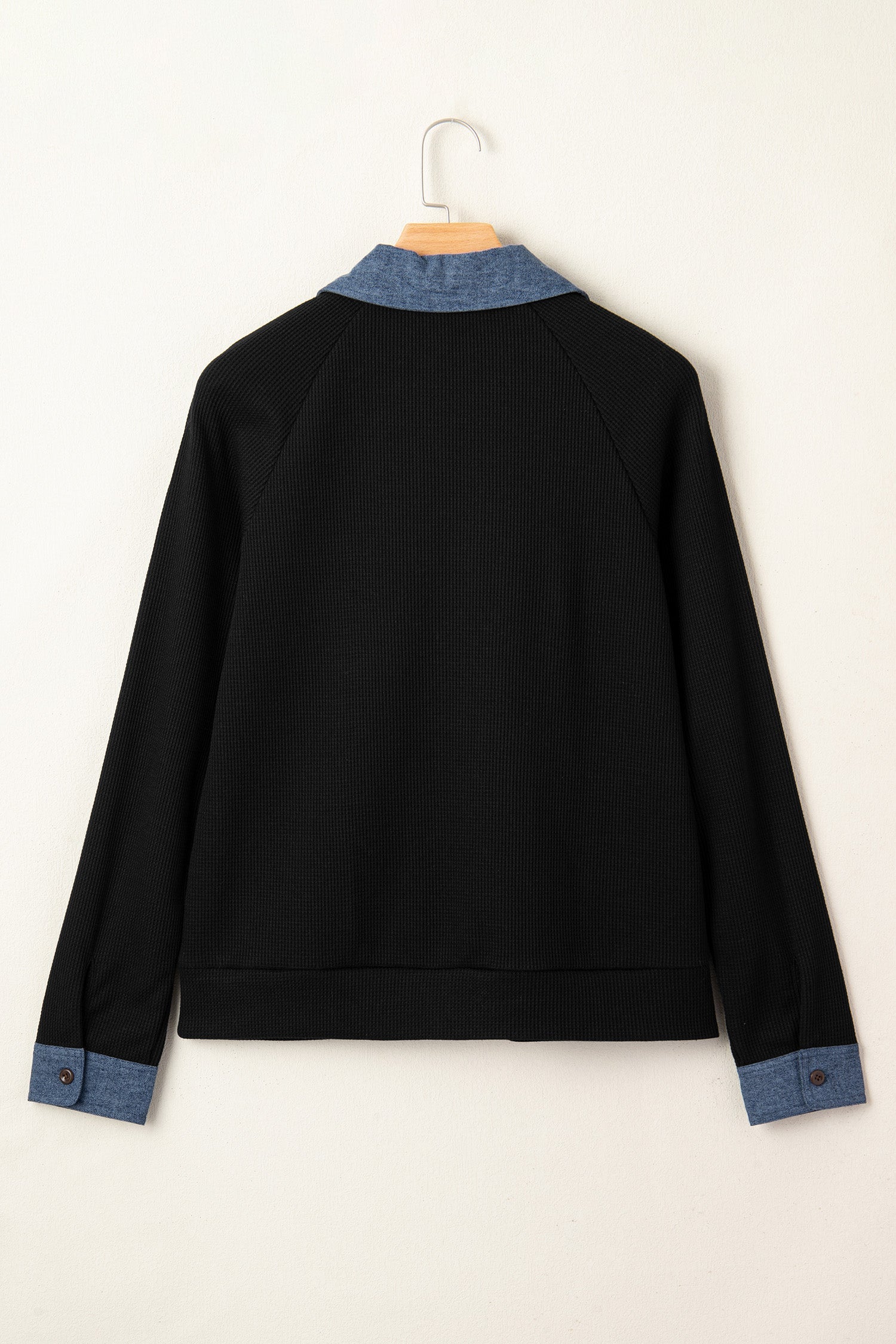 Black Textured Knit Denim Patchwork Button Collar Long Sleeve Top