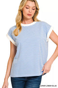 Striped Round Neck Short Sleeve Contrast Trim T-Shirt