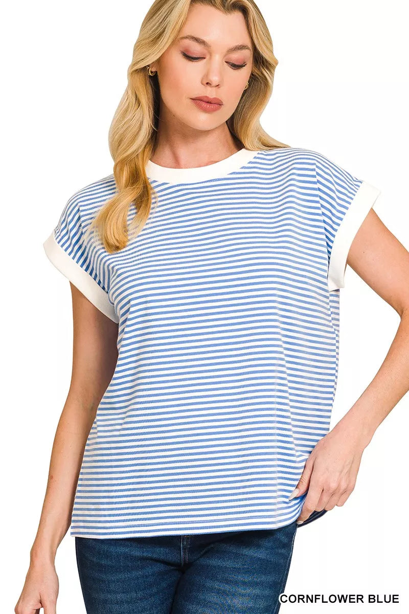 Striped Round Neck Short Sleeve Contrast Trim T-Shirt