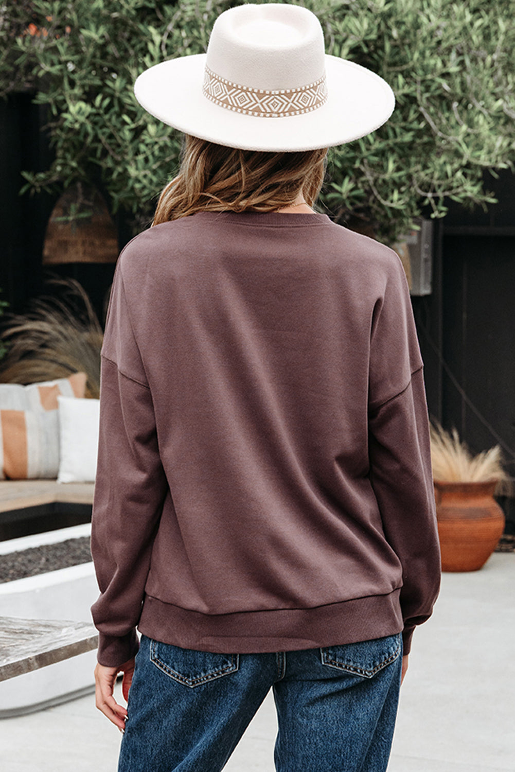 Dark Khaki Contrast Terry Bow Pattern Drop Shoulder Sweatshirt