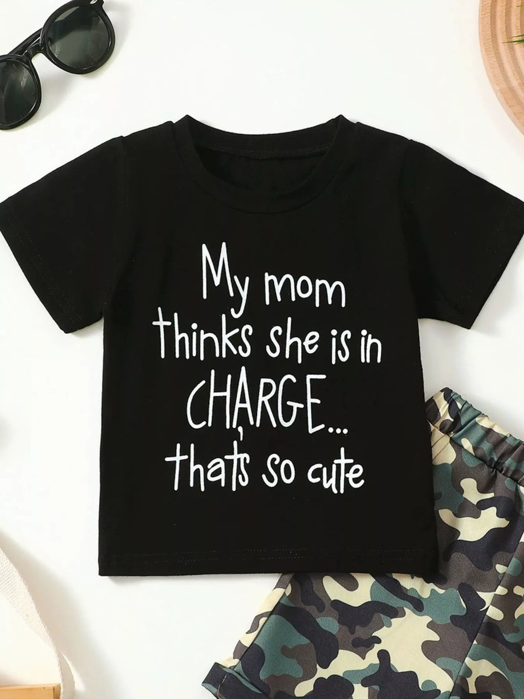 Children's Letter Graphic Tee and Camouflage Shorts Set