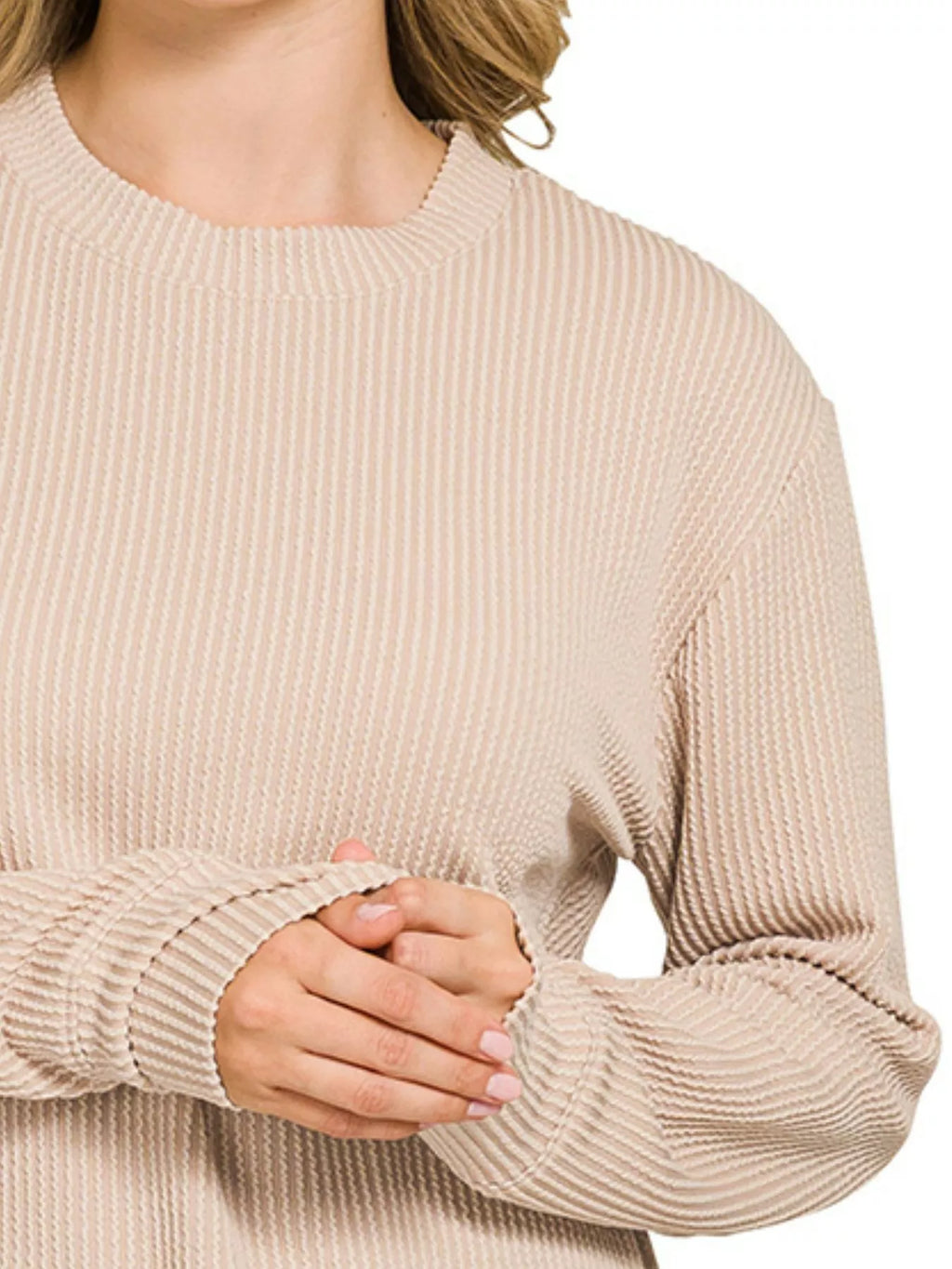 Full Size Raised Rib Round Neck Long Sleeve Top Plus Size