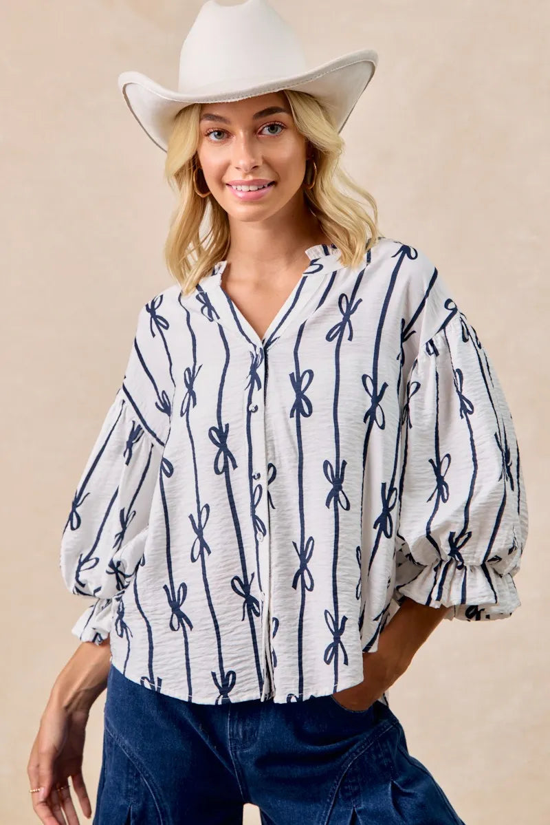 Bow Ribbon Printed Woven Bubble Sleeves Top