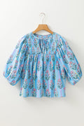 Sky Blue Floral Striped Print Tie Shirred Splie Neck Blouse