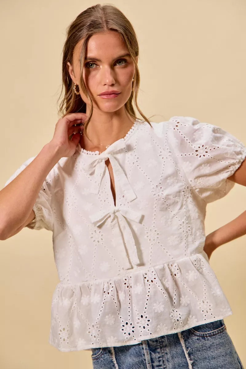 Cotton Eyelet Front Tie Short Sleeves Blouse