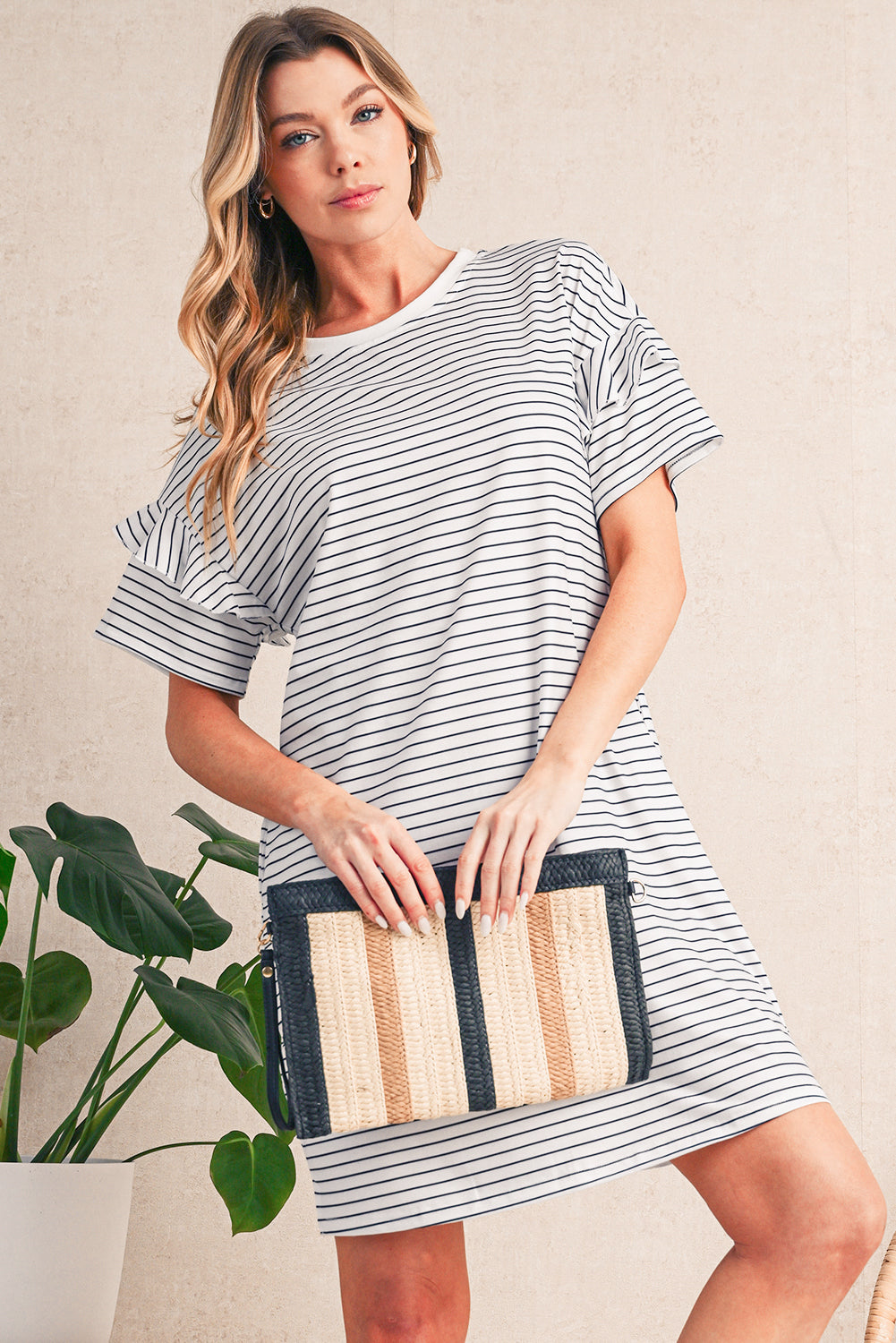 White Stripe Ruffle Short Sleeve T Shirt Mini Dress