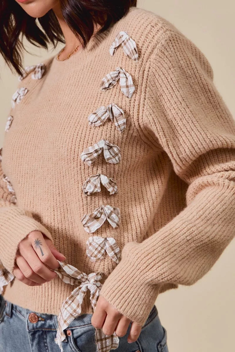 Checkered Plaid Tape Lace Up Ribbed Sweater
