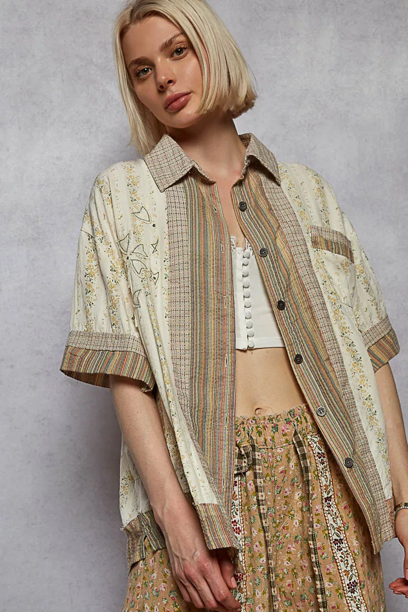 Printed Button Down Patchwork Short Sleeve Shirt