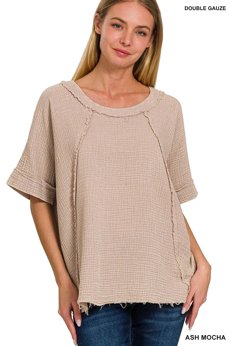 Washed Double Gauze Exposed Seam Short Sleeve Top