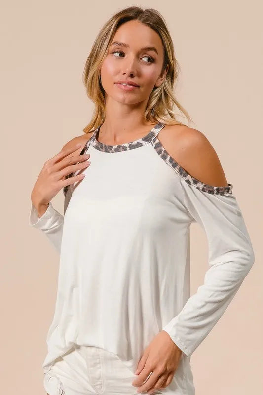 Jersey Knit Cold Shoulder Top with Leopard Neck