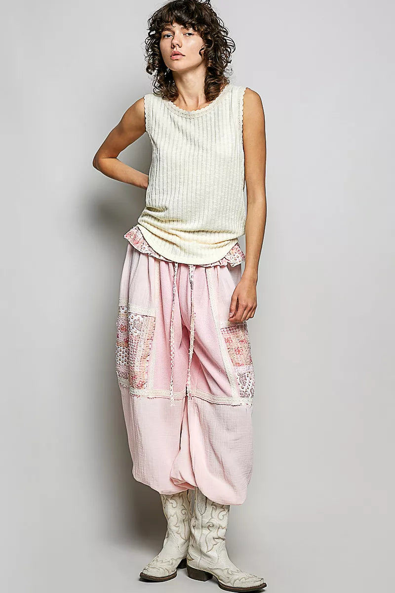 Ribbed Round Neck Tank with Lace Trim