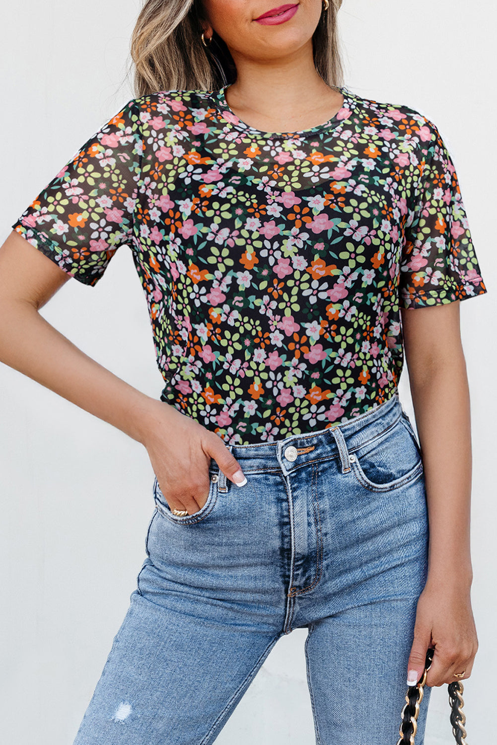Black Sheer Floral Mesh Round Neck T Shirt