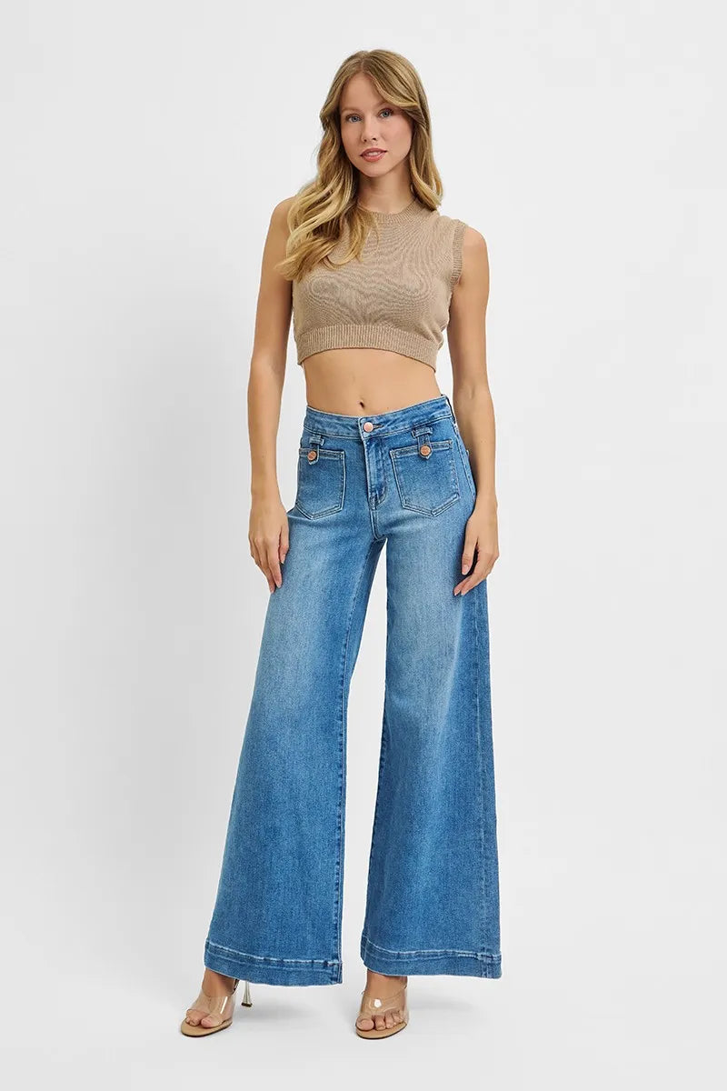 Full Size Mid Rise Wide Front Patch Pocket Jeans Plus Size