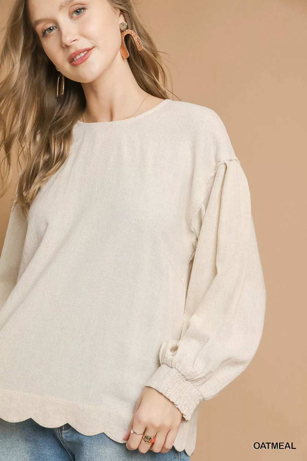 Linen Scallop Hem Long Sleeve Blouse