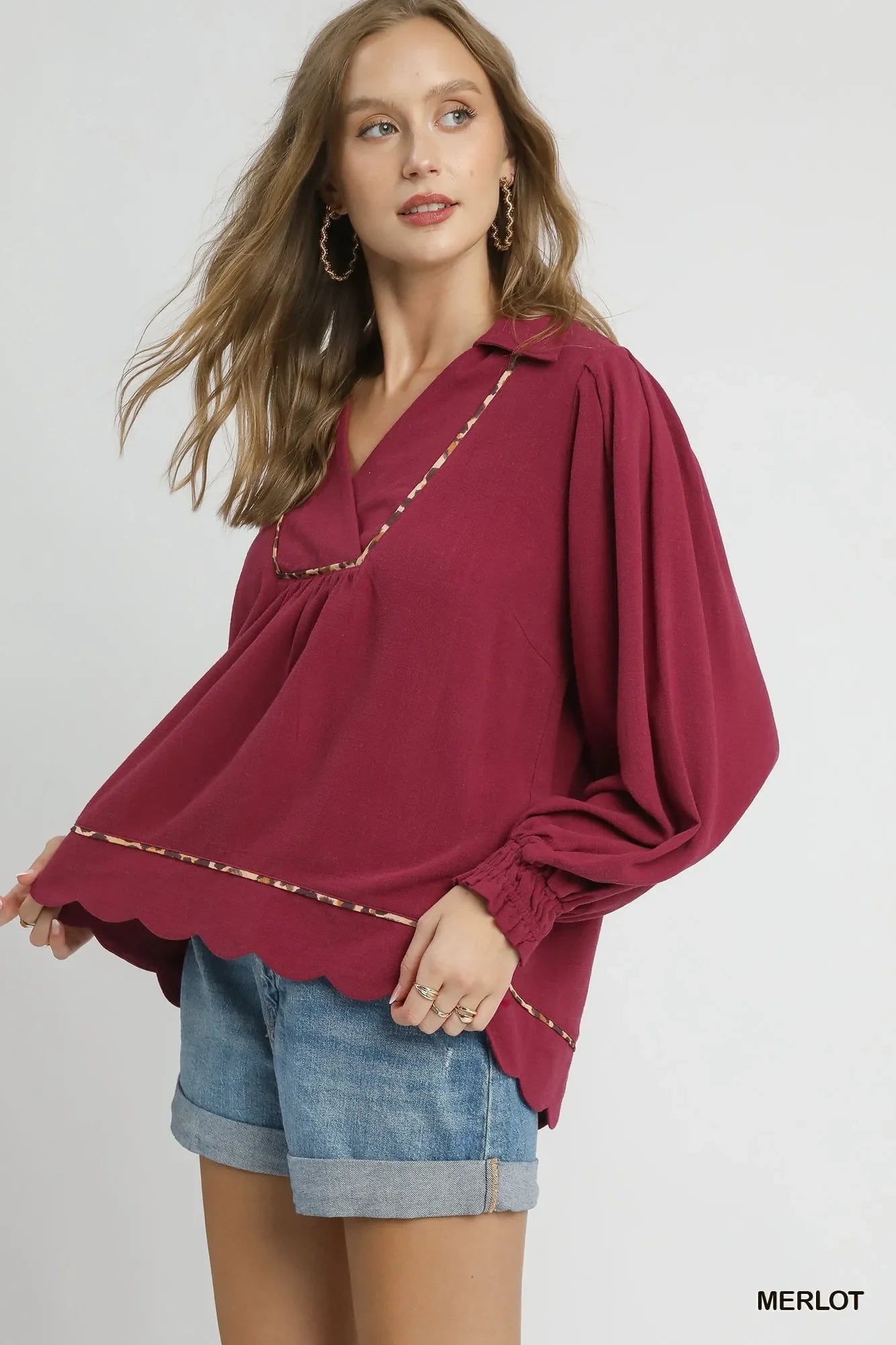 Full Size Linen Scallop Hem Blouse with Contrast Trim Plus Size
