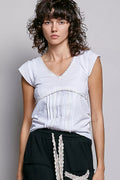 V-Neck Lightweight Textured Short Sleeve Knit Top with Lace Trim