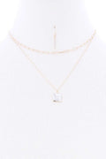 2 Layered Chain Metal Square Marbling Stone Pendant Necklace