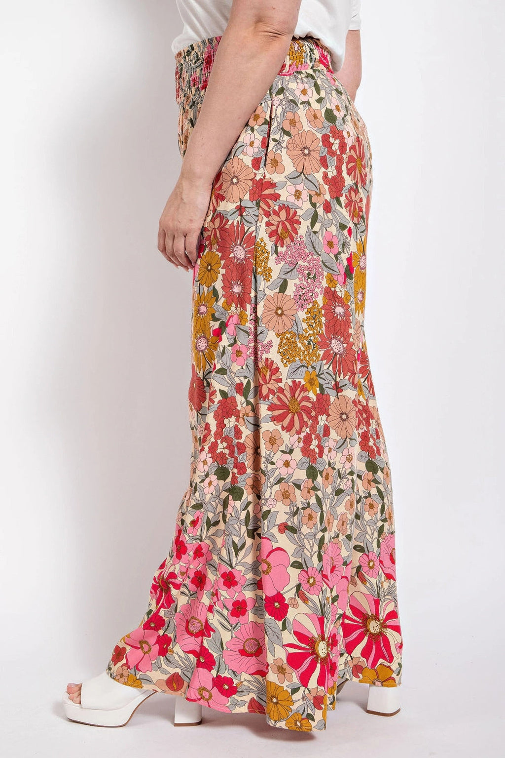 Flare Wide Leg And Waist Smocked Pants With Side Pocket