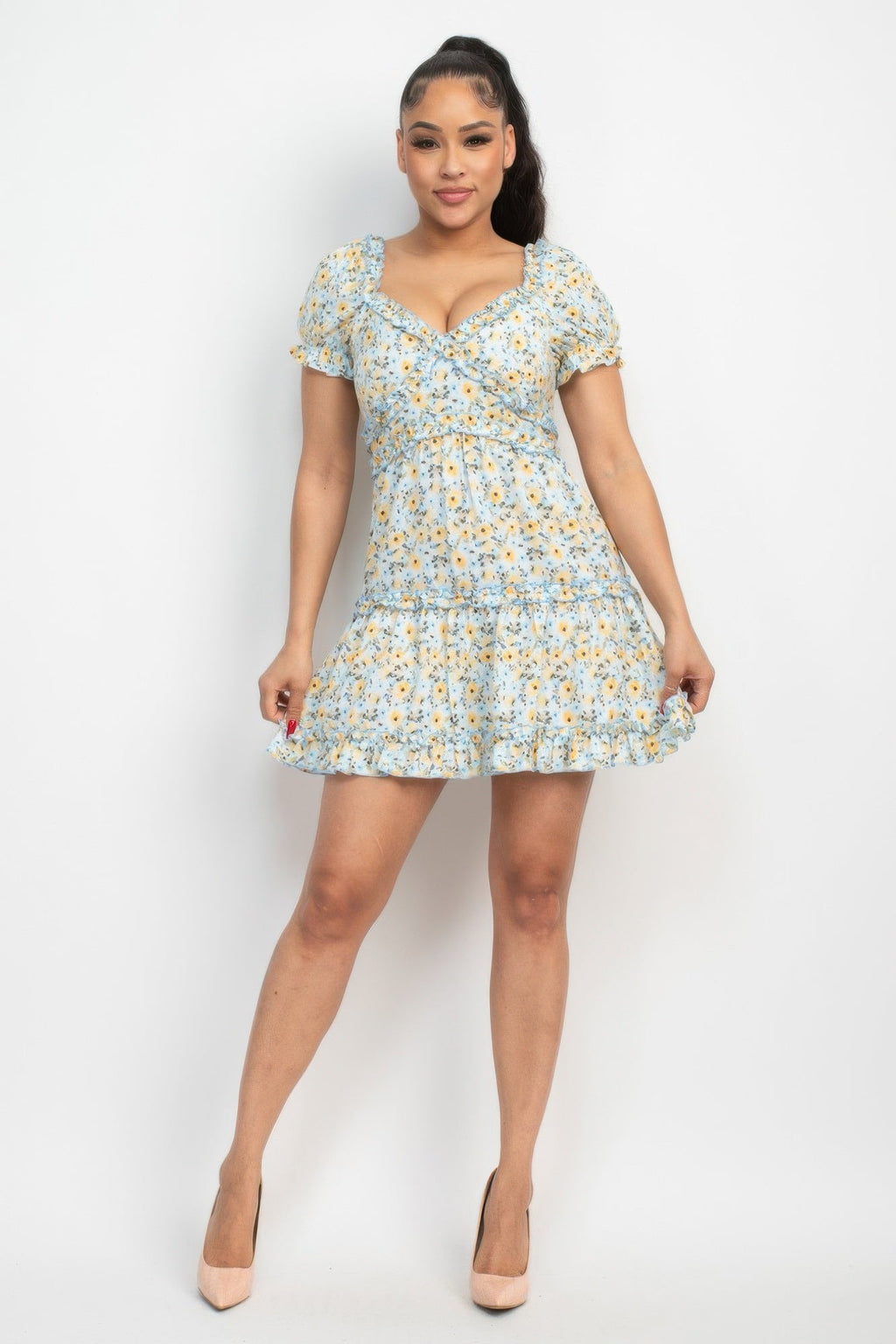 Ruffled Floral Puff Sleeve Dress