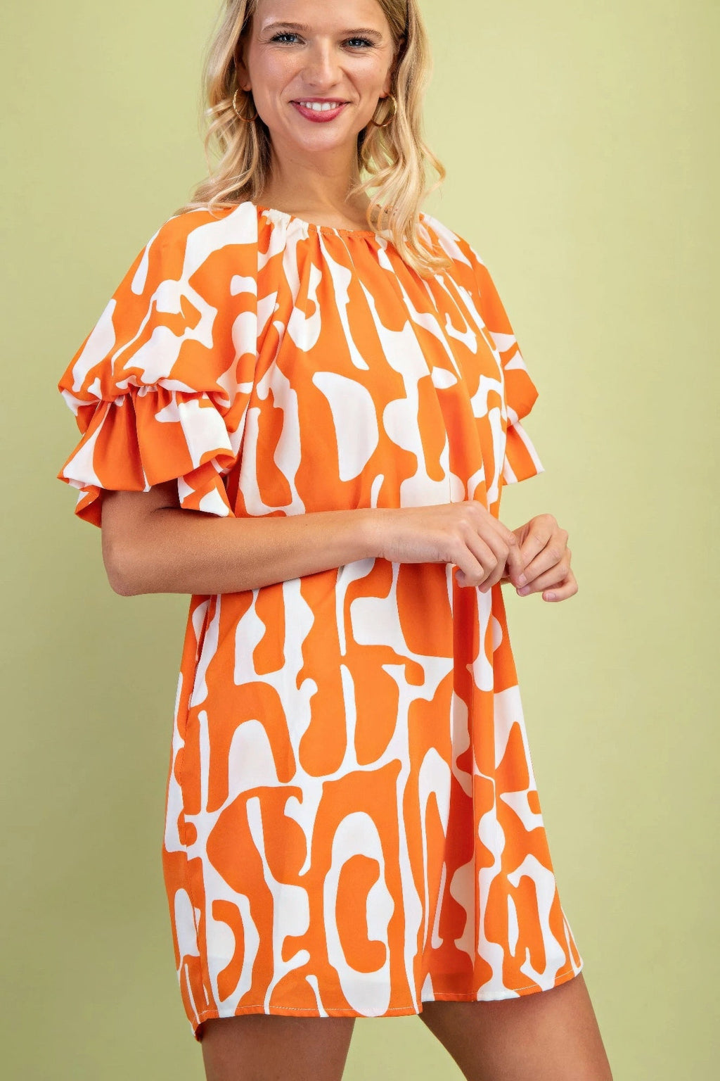Geometric Print Loose Fit Mini Dress With Gathered Balloon Sleeves