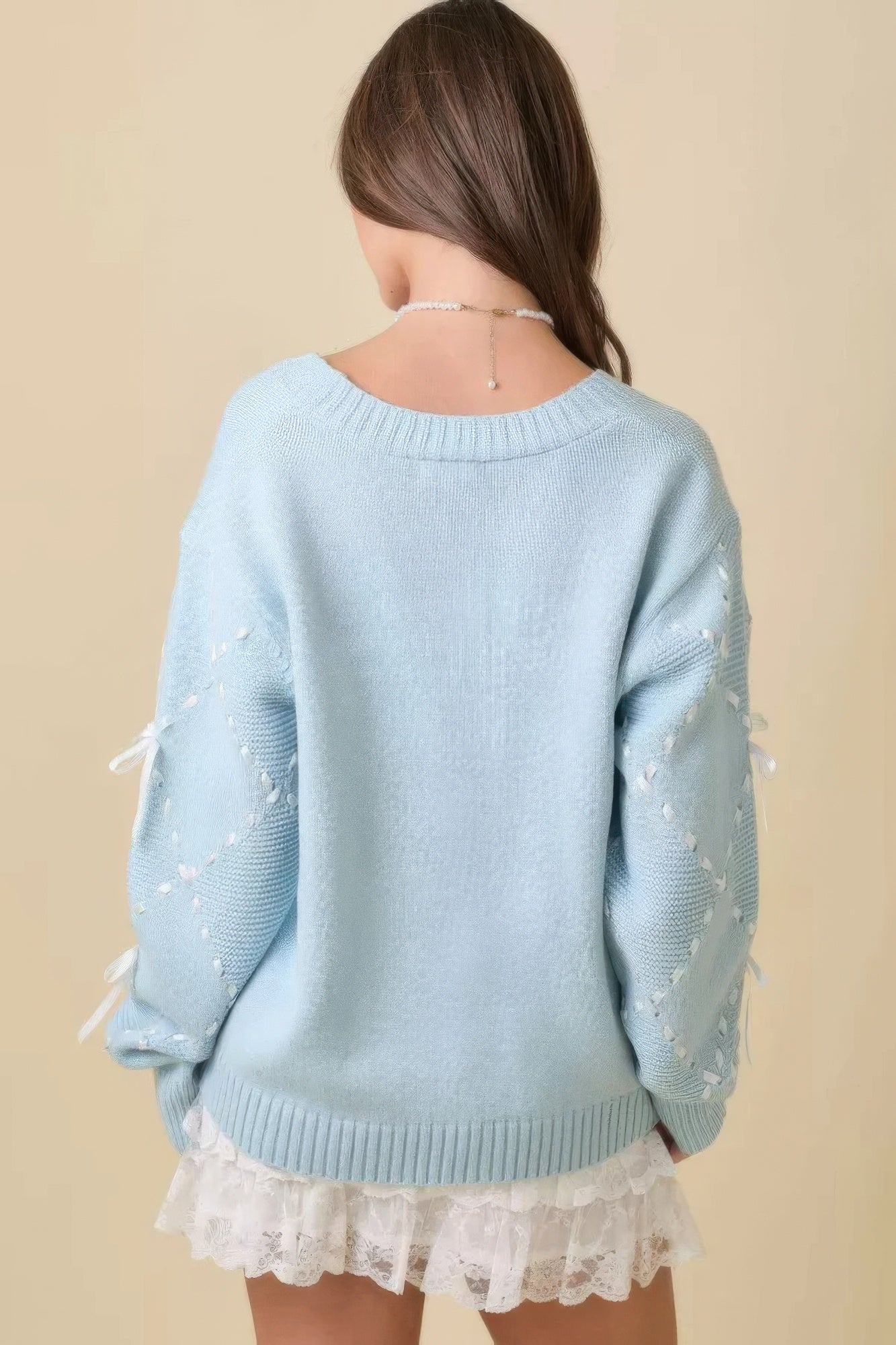 Hand Sewn Satin Ribbon Detail On Sleeve Cardigan