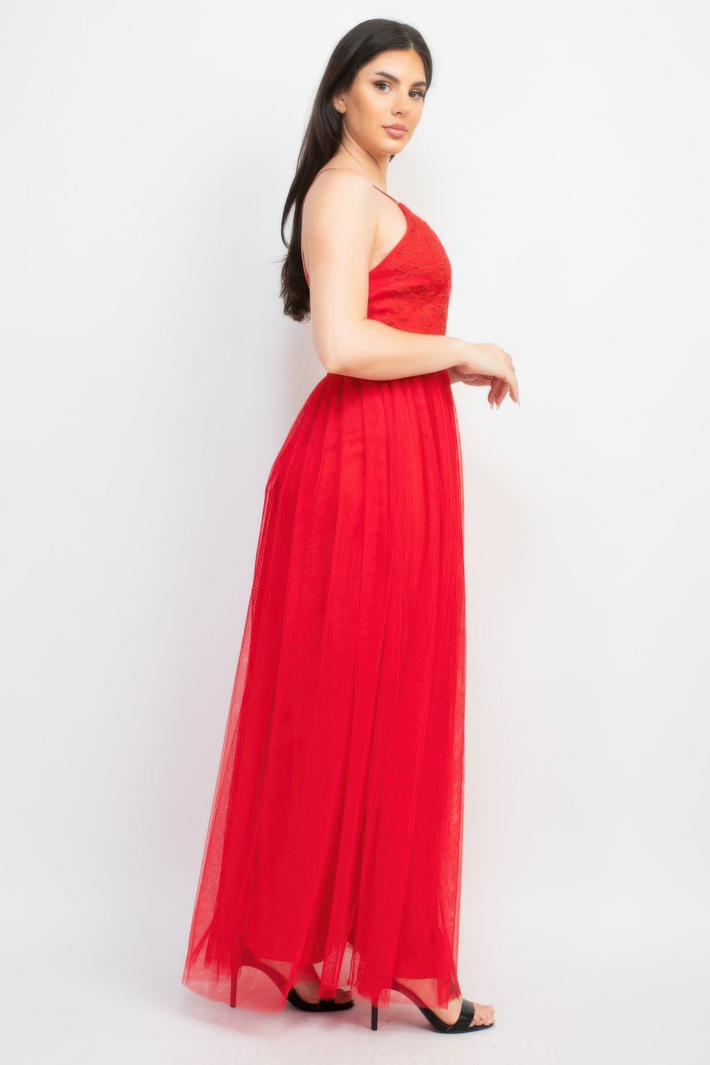 Glittered Straps Mesh Tulle Maxi Dress
