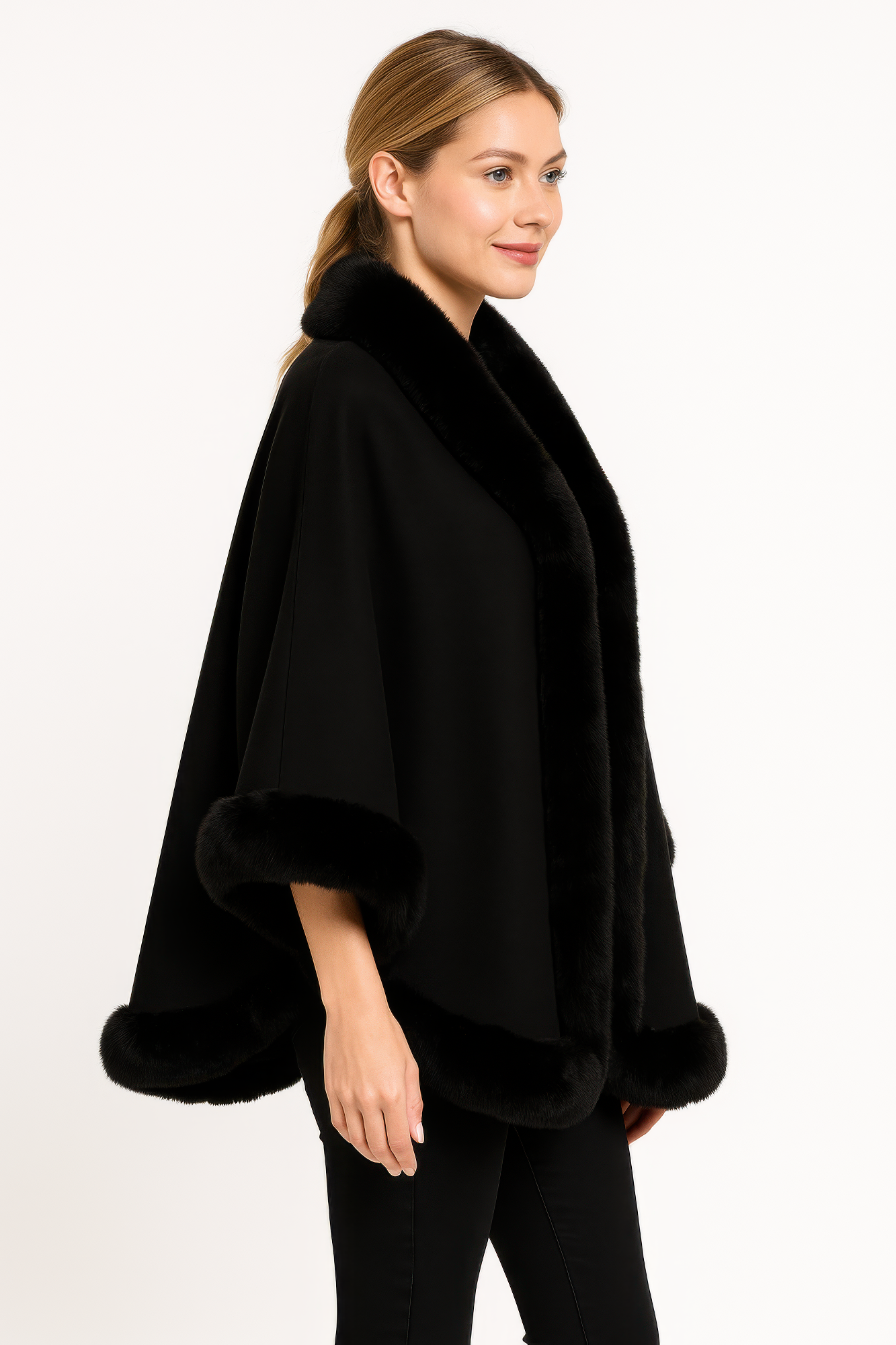 Faux Fur Trim Open-front Cape Jacket