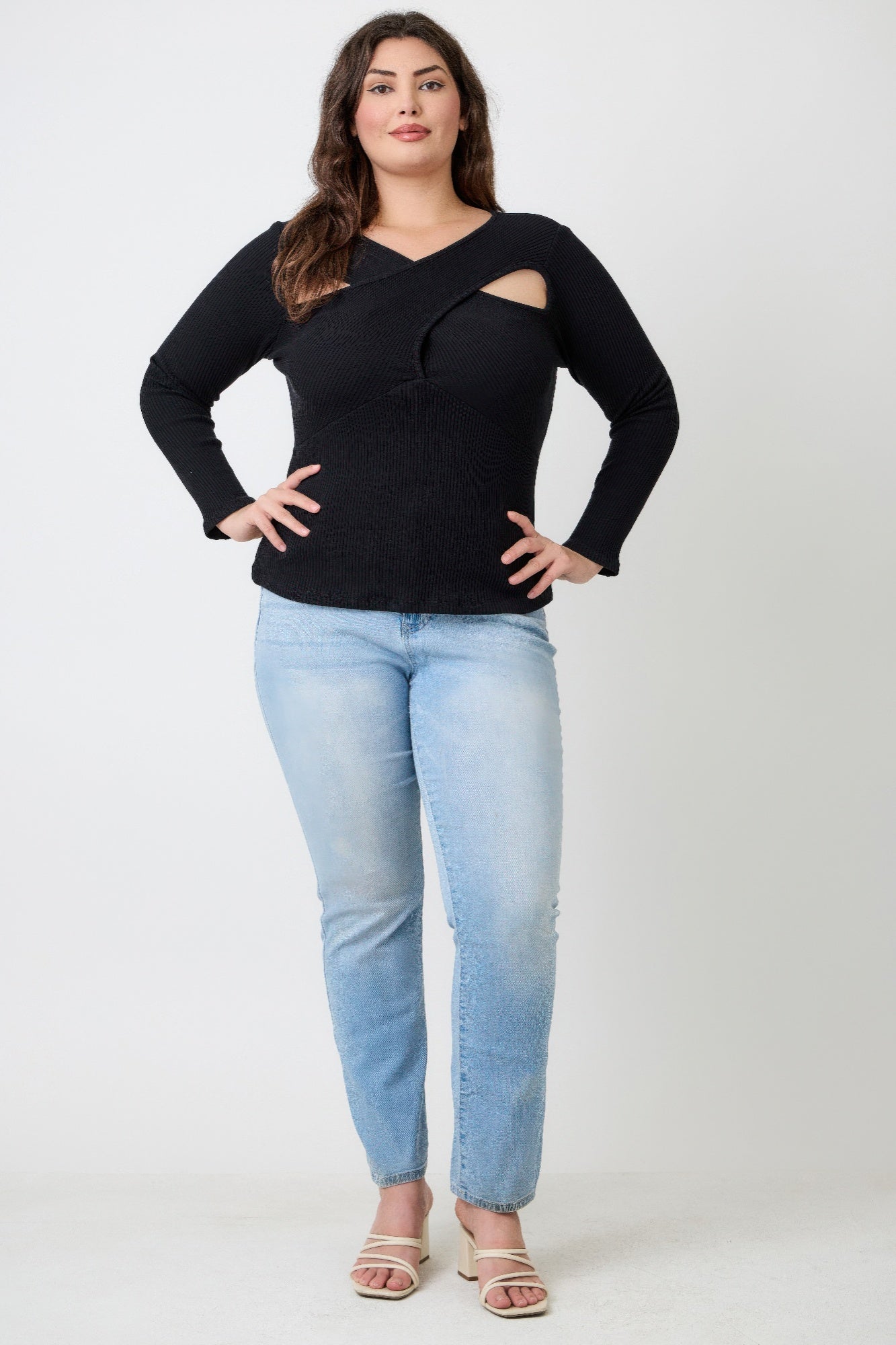 Plus Size Black Ribbed Cutout Long Sleeve Top