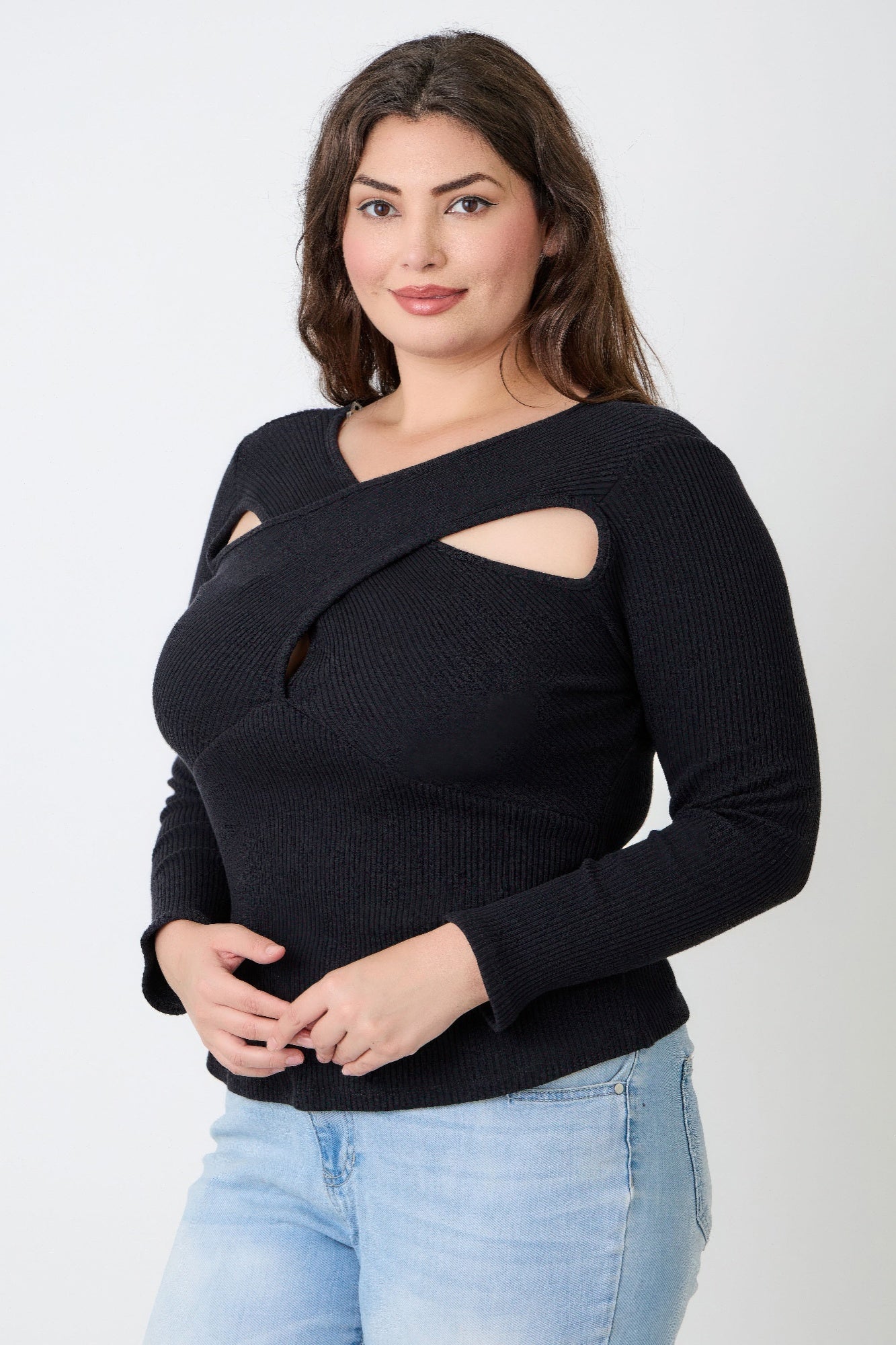 Plus Size Black Ribbed Cutout Long Sleeve Top